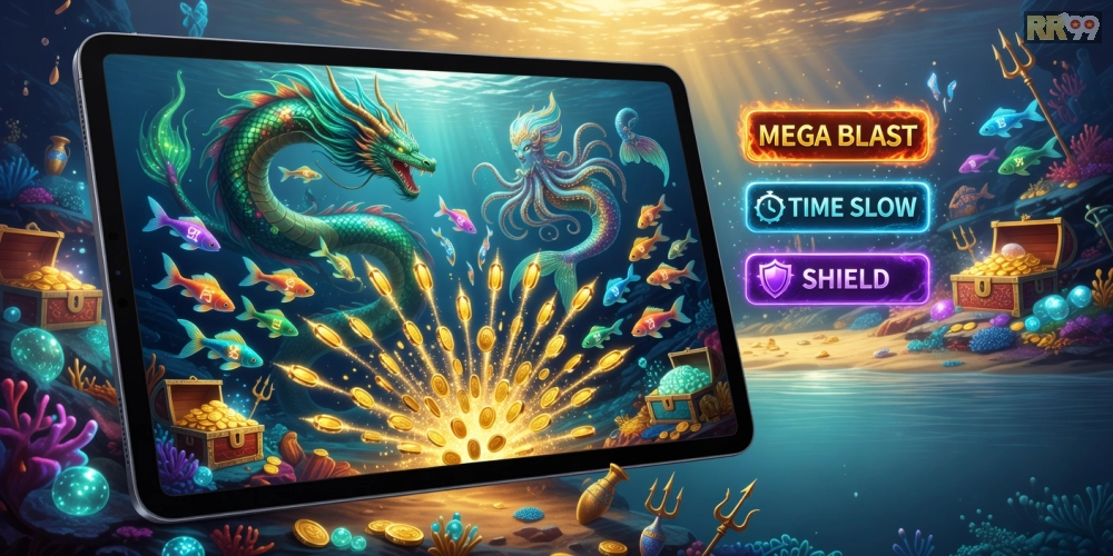 Giao diện game bắn cá thần tài với hiệu ứng bắn súng sống động