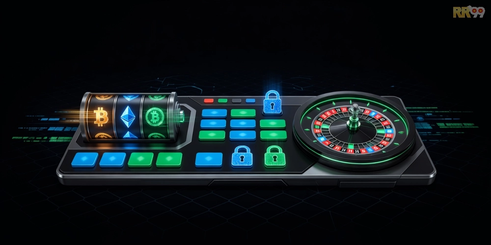 Minh họa giao diện crypto casino rr99 với các trò chơi hấp dẫn và biểu tượng tiền điện tử