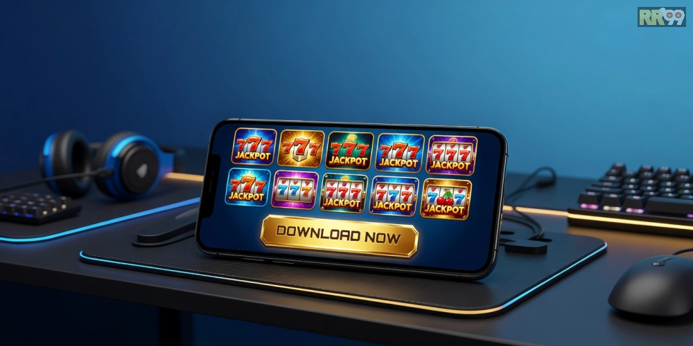 Minh họa giao diện tải game nổ hũ rr99 với các biểu tượng slot jackpot hấp dẫn