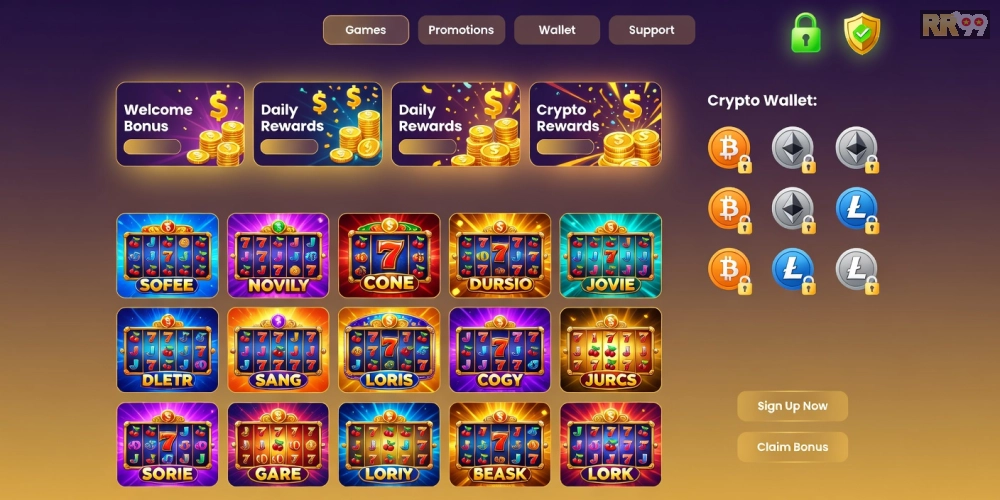 Giao diện trang web crypto casino rr99 với các ưu đãi nổi bật và trò chơi slot