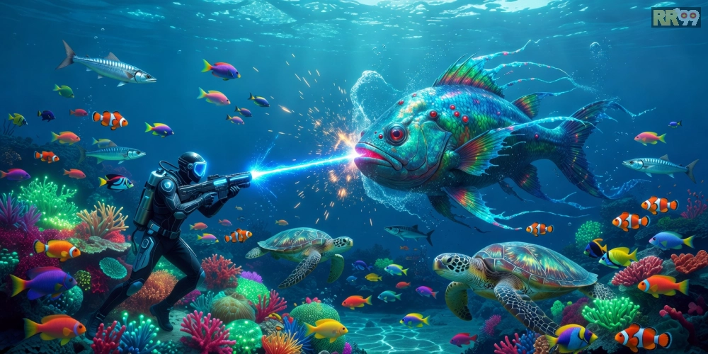 Hình ảnh gameplay Vua Bắn Cá với súng laser bắn cá boss trên nền đại dương sôi động